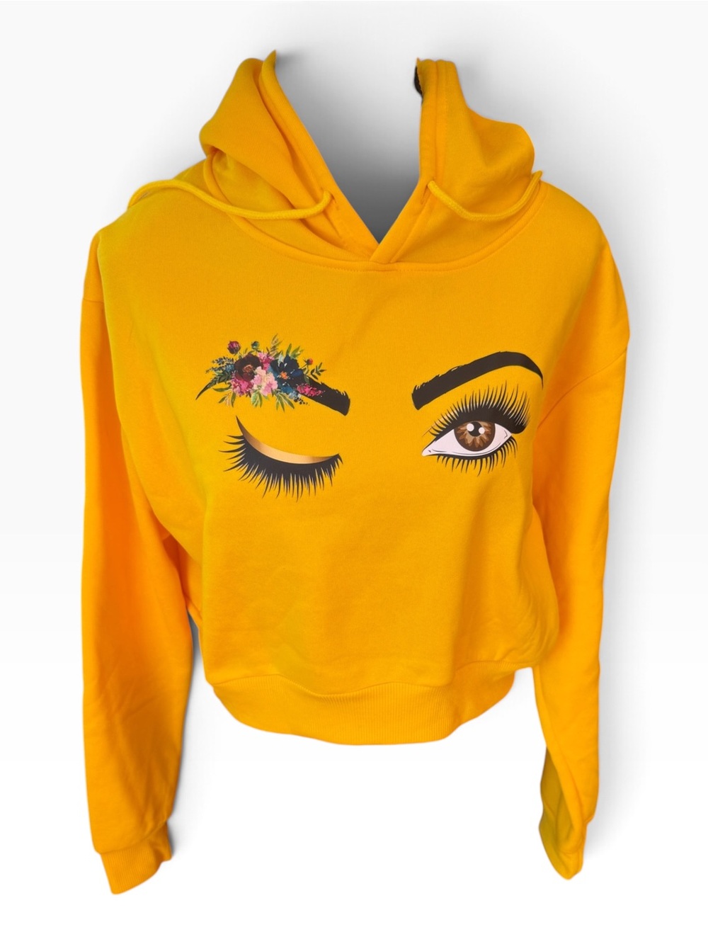 Yellow Winking Eye Floral Graphic Cropped Hoodie Size Large